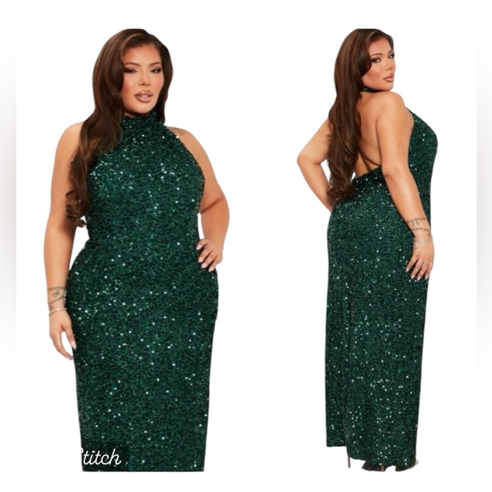 NWT Fashion Nova Dress She’s Elegant Sequin Maxi Dress Hunter Size 1XL